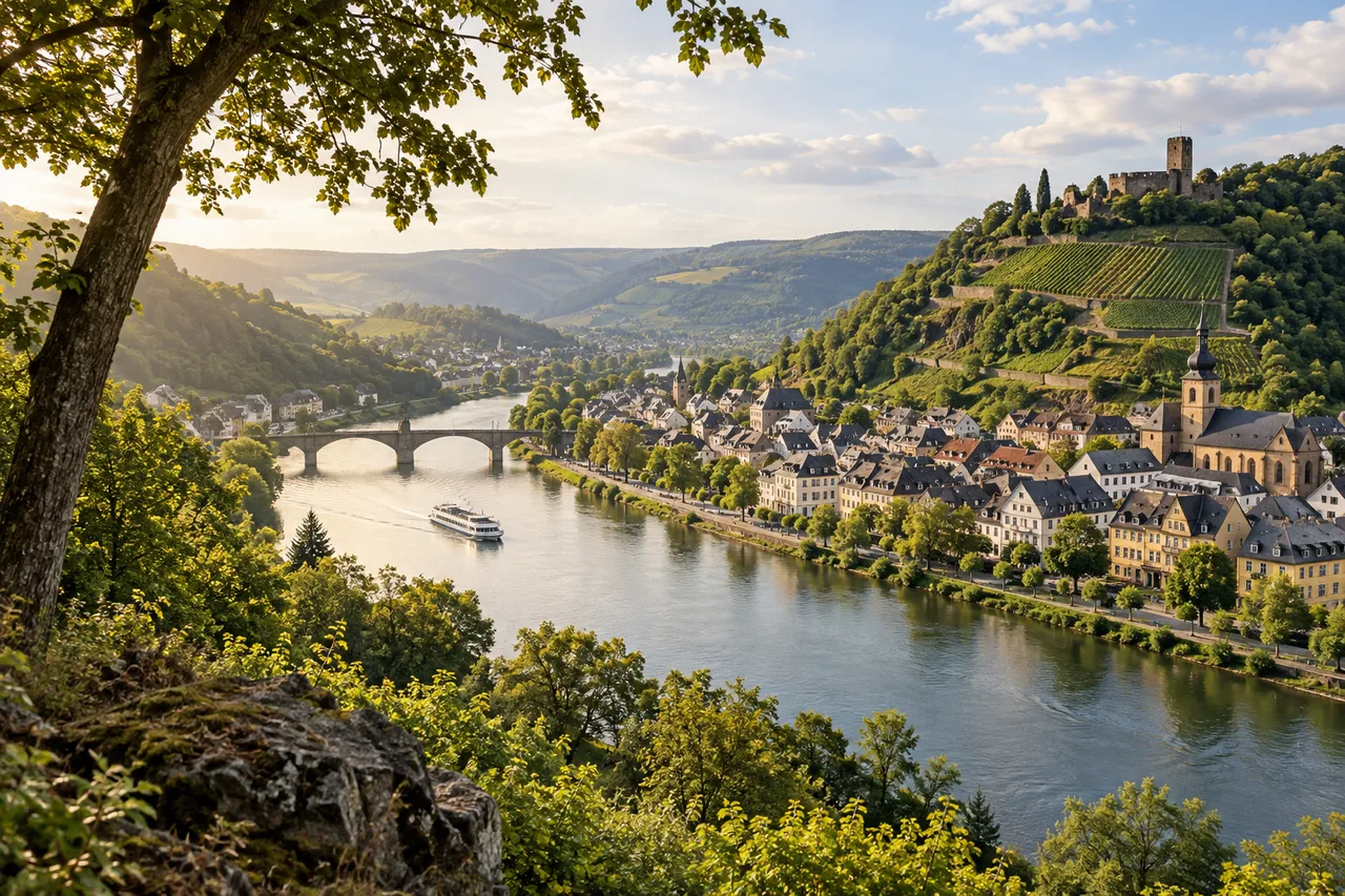 Flusstal mit einer kleinen Altstadt und bewaldeten Hügeln – illustratives Reisemotiv
